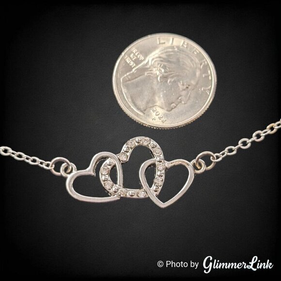 Triple Interlocked Heart Rhinestone Silver Tone Pendant Necklace - Picture 6 of 11